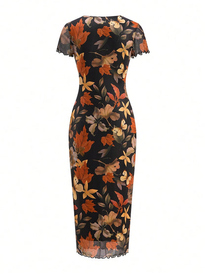Ellevyn Women's Fashionable Printed Short Sleeve Dress, Spring/Summer Dinner Black Mature Elegant Basic