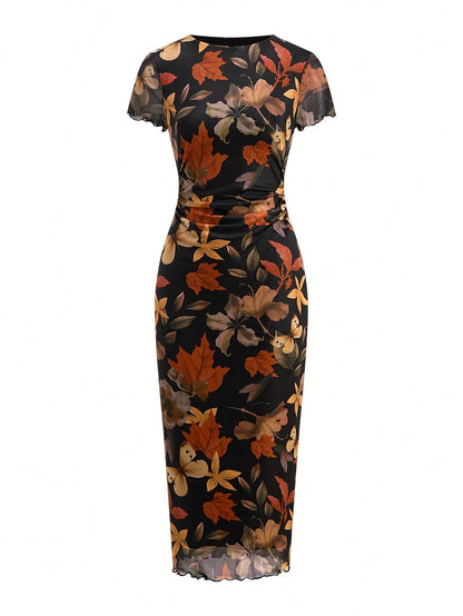 Ellevyn Women's Fashionable Printed Short Sleeve Dress, Spring/Summer Dinner Black Mature Elegant Basic