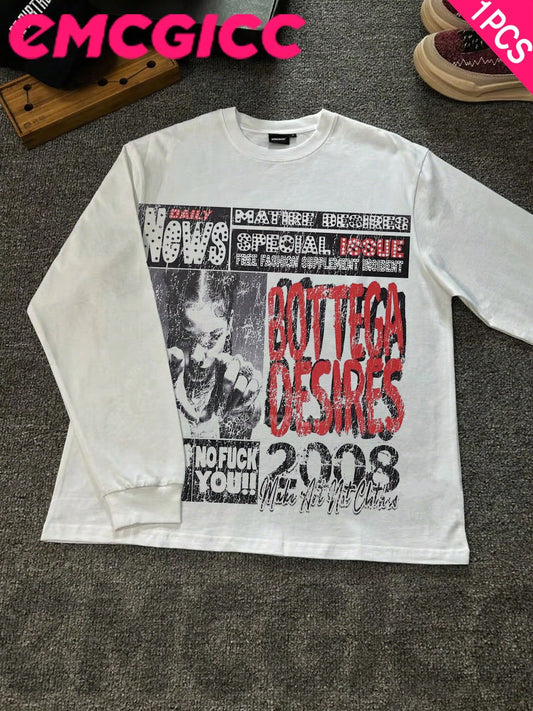 EMCGICC Y2k Long Sleeve Shirt, Urban Art Punk Graphic T-Shirt Cotton,Hip Hop Men's Fun Vintage Shirt, Regular Fit, Motocore Street, Digital Print, Ideal Gift