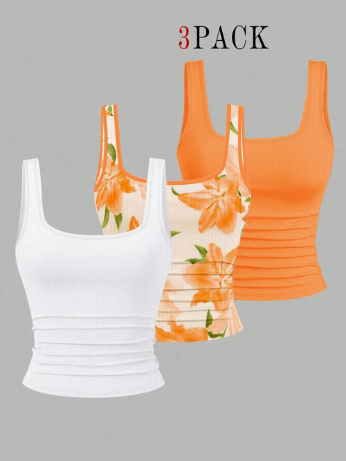 EMERY ROSE 3pcs Plus Size Women's Casual Solid Color & Full Printed Pattern Sleeveless Tank Top Set, Summer