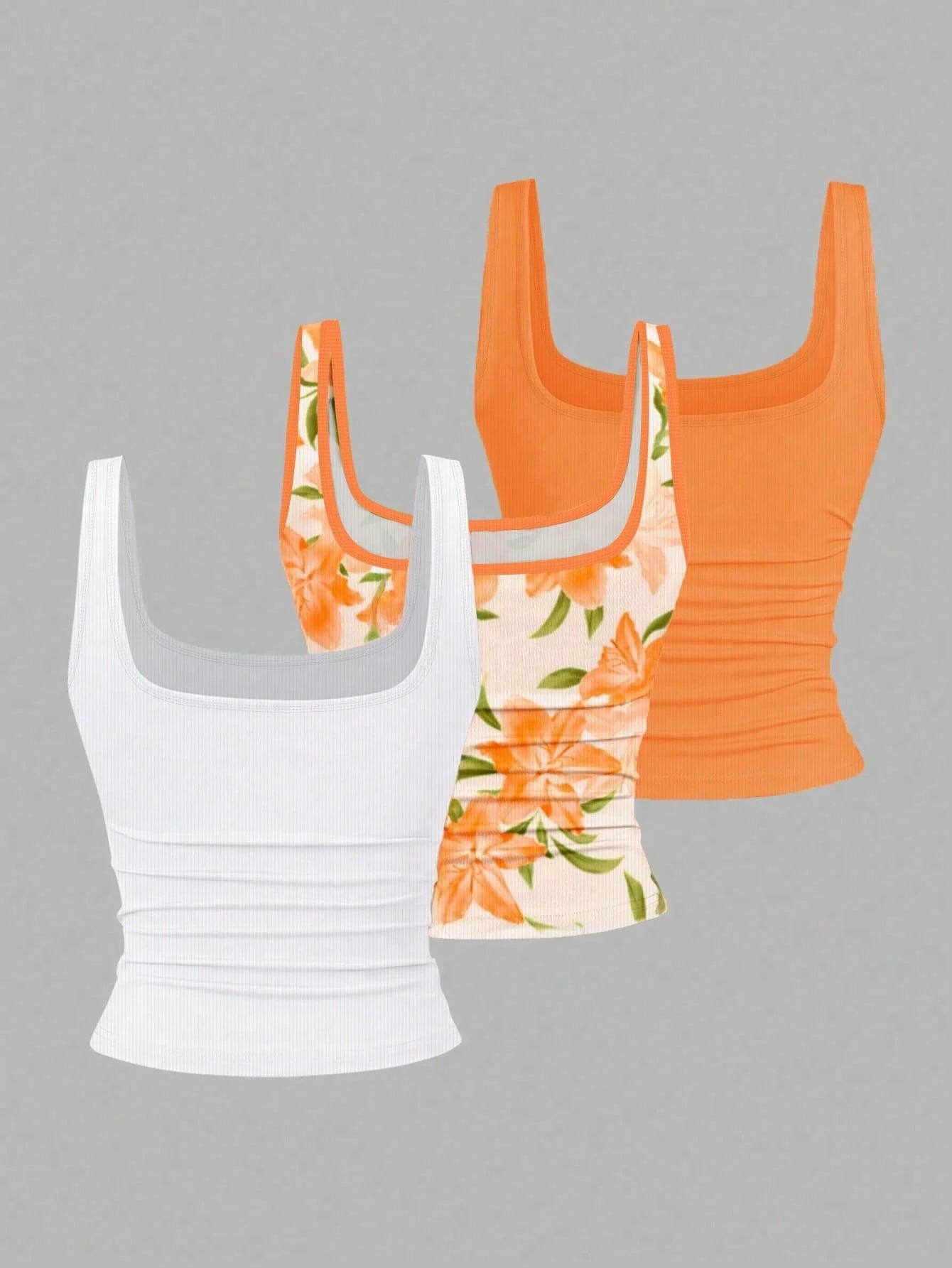 EMERY ROSE 3pcs Plus Size Women's Casual Solid Color & Full Printed Pattern Sleeveless Tank Top Set, Summer