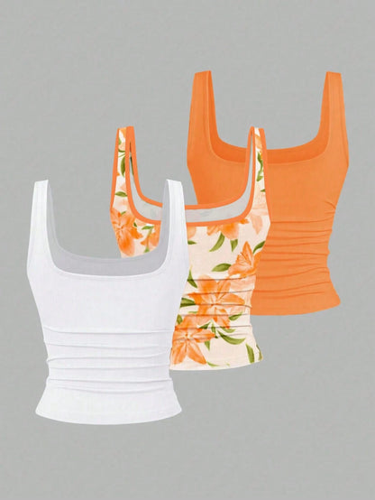 EMERY ROSE 3pcs Plus Size Women's Casual Solid Color & Full Printed Pattern Sleeveless Tank Top Set, Summer