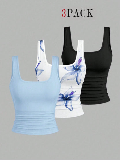 EMERY ROSE 3pcs Plus Size Women's Casual Solid Color & Full Printed Pattern Sleeveless Tank Top Set, Summer