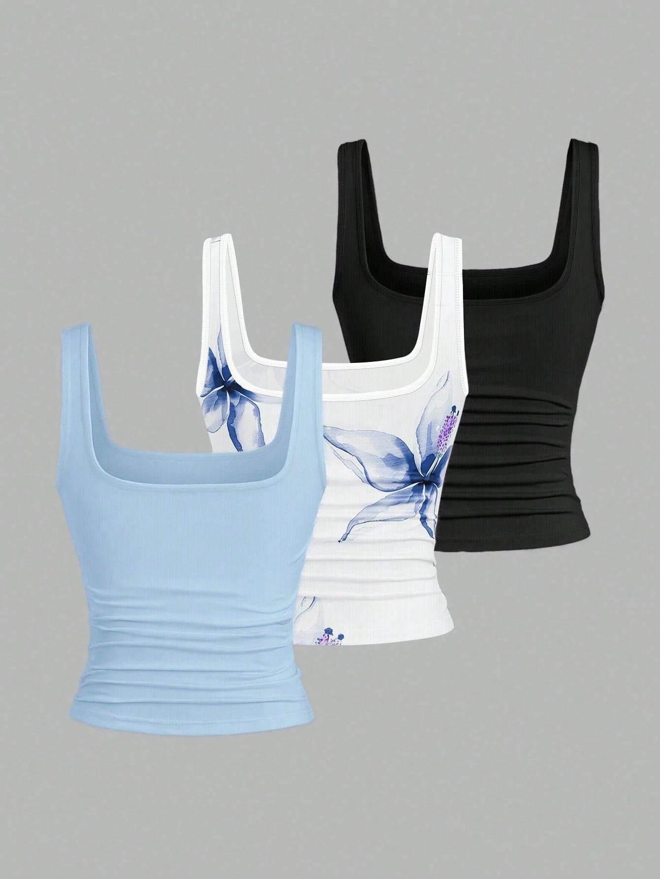 EMERY ROSE 3pcs Plus Size Women's Casual Solid Color & Full Printed Pattern Sleeveless Tank Top Set, Summer