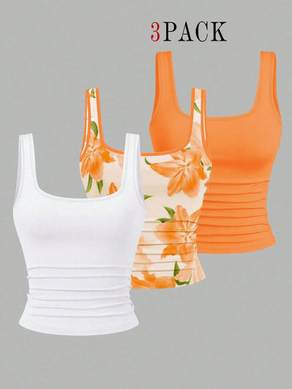 EMERY ROSE 3pcs Plus Size Women's Casual Solid Color & Full Printed Pattern Sleeveless Tank Top Set, Summer