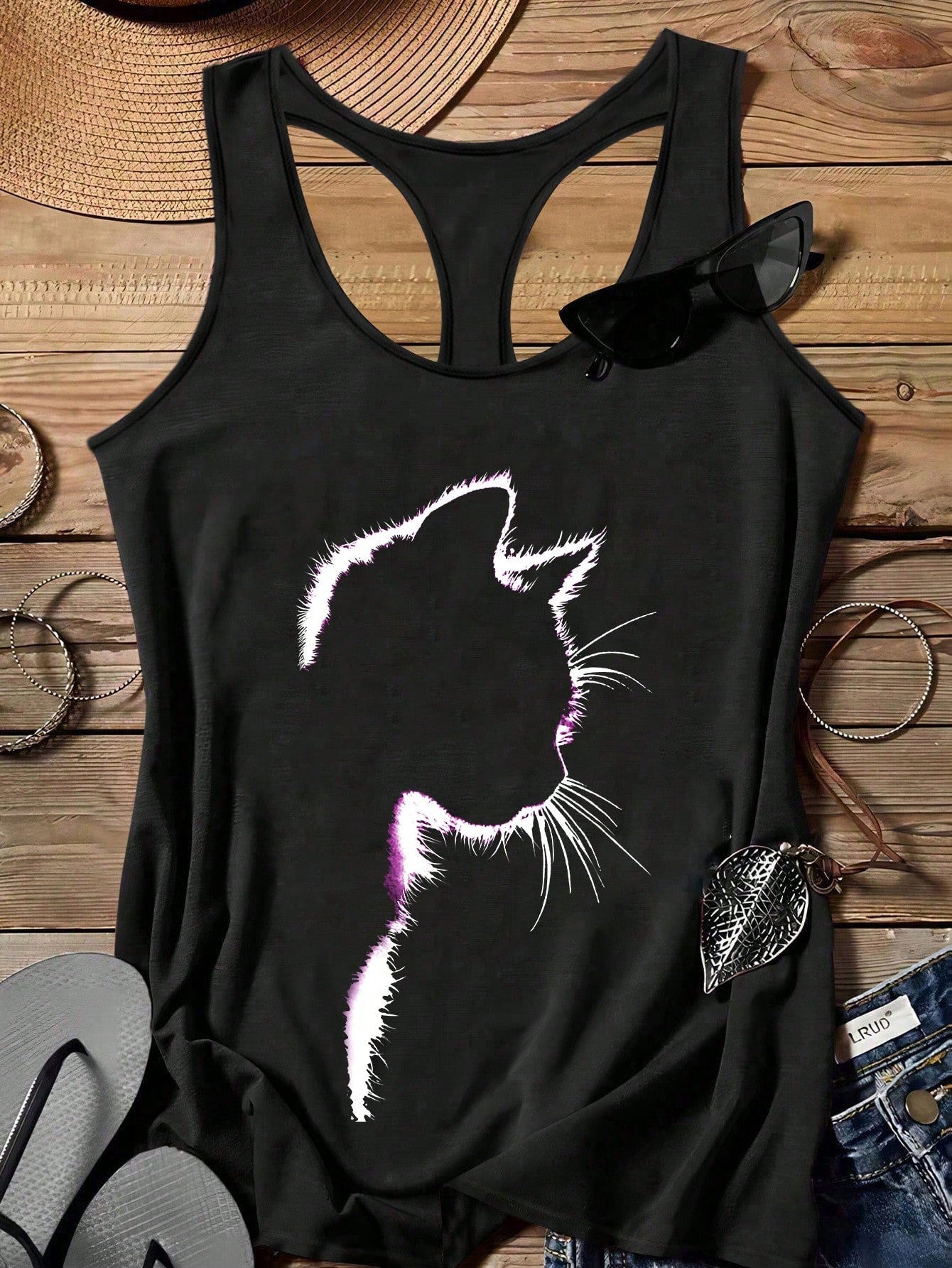 EMERY ROSE Casual Minimalist Cat Silhouette Pastoral Retro Camisole, Suitable For Plus Size Mothers In Summer Back To School,Spring/Vacation