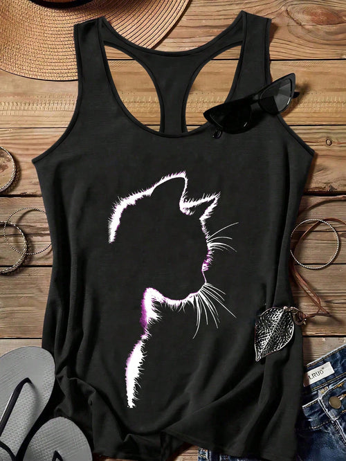 EMERY ROSE Casual Minimalist Cat Silhouette Pastoral Retro Camisole, Suitable For Plus Size Mothers In Summer Back To School,Spring/Vacation
