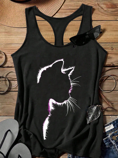 EMERY ROSE Casual Minimalist Cat Silhouette Pastoral Retro Camisole, Suitable For Plus Size Mothers In Summer Back To School,Spring/Vacation