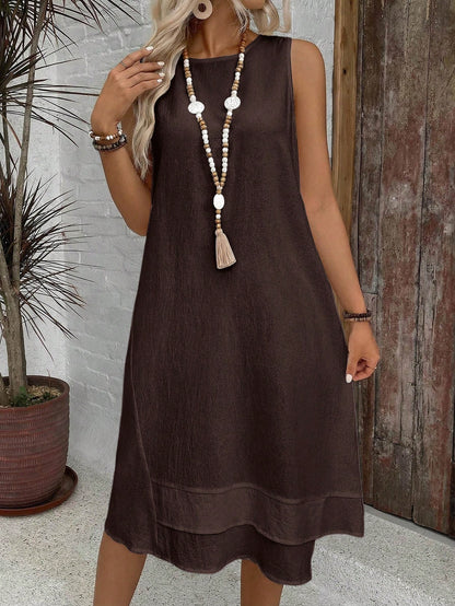 EMERY ROSE Casual Solid Color Round Neck A-Line Summer Dress, Women Summer Dress