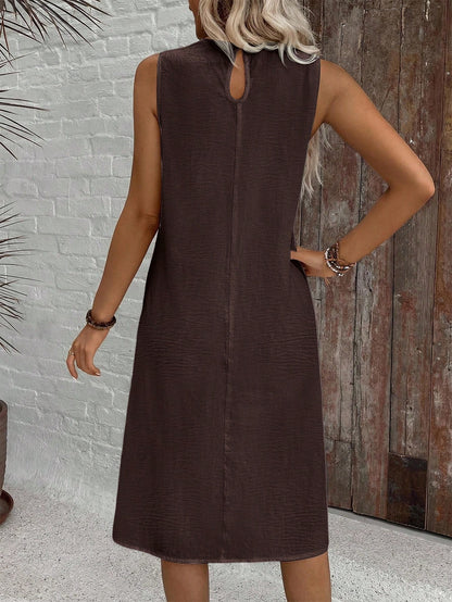 EMERY ROSE Casual Solid Color Round Neck A-Line Summer Dress, Women Summer Dress