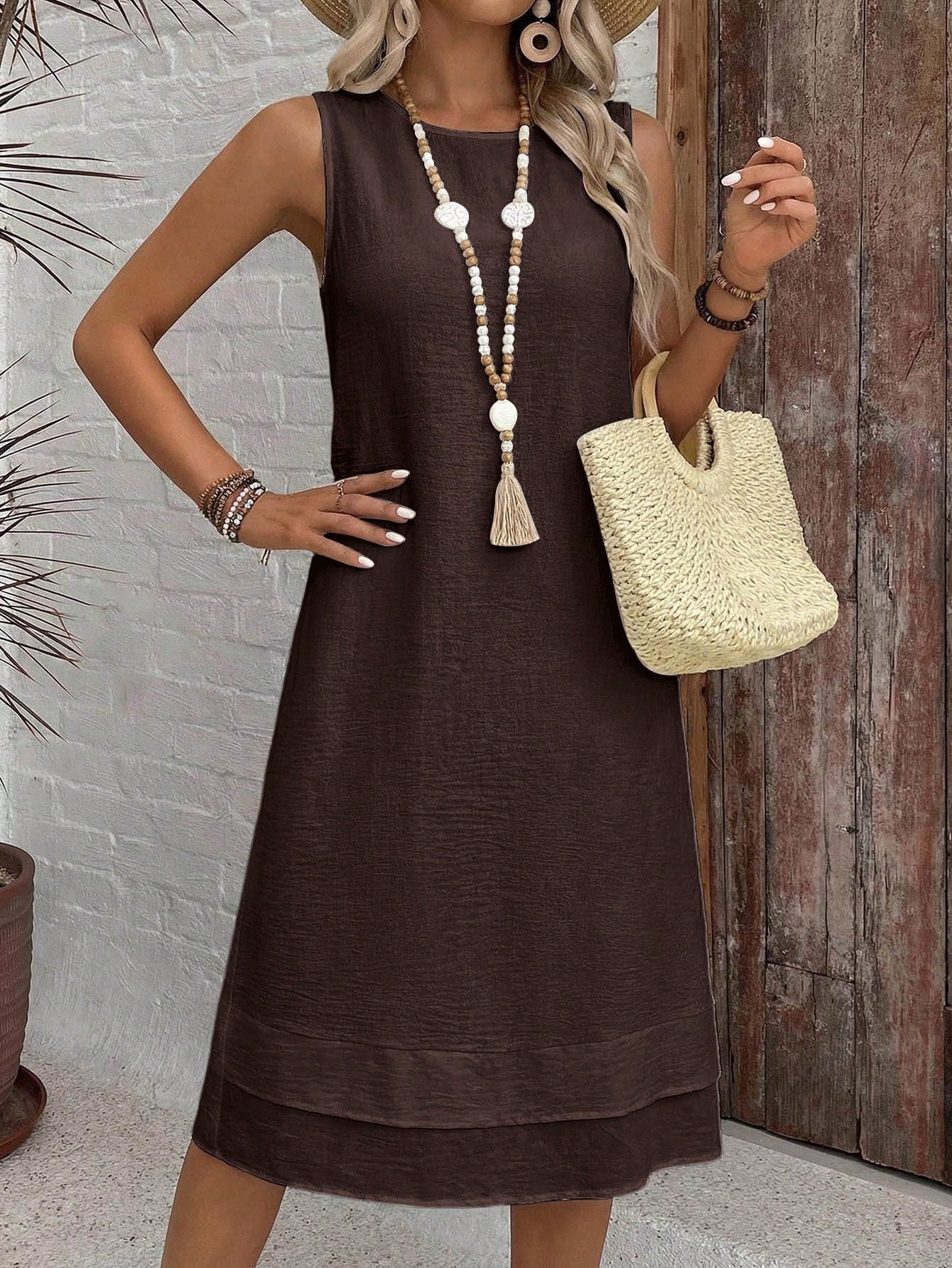 EMERY ROSE Casual Solid Color Round Neck A-Line Summer Dress, Women Summer Dress