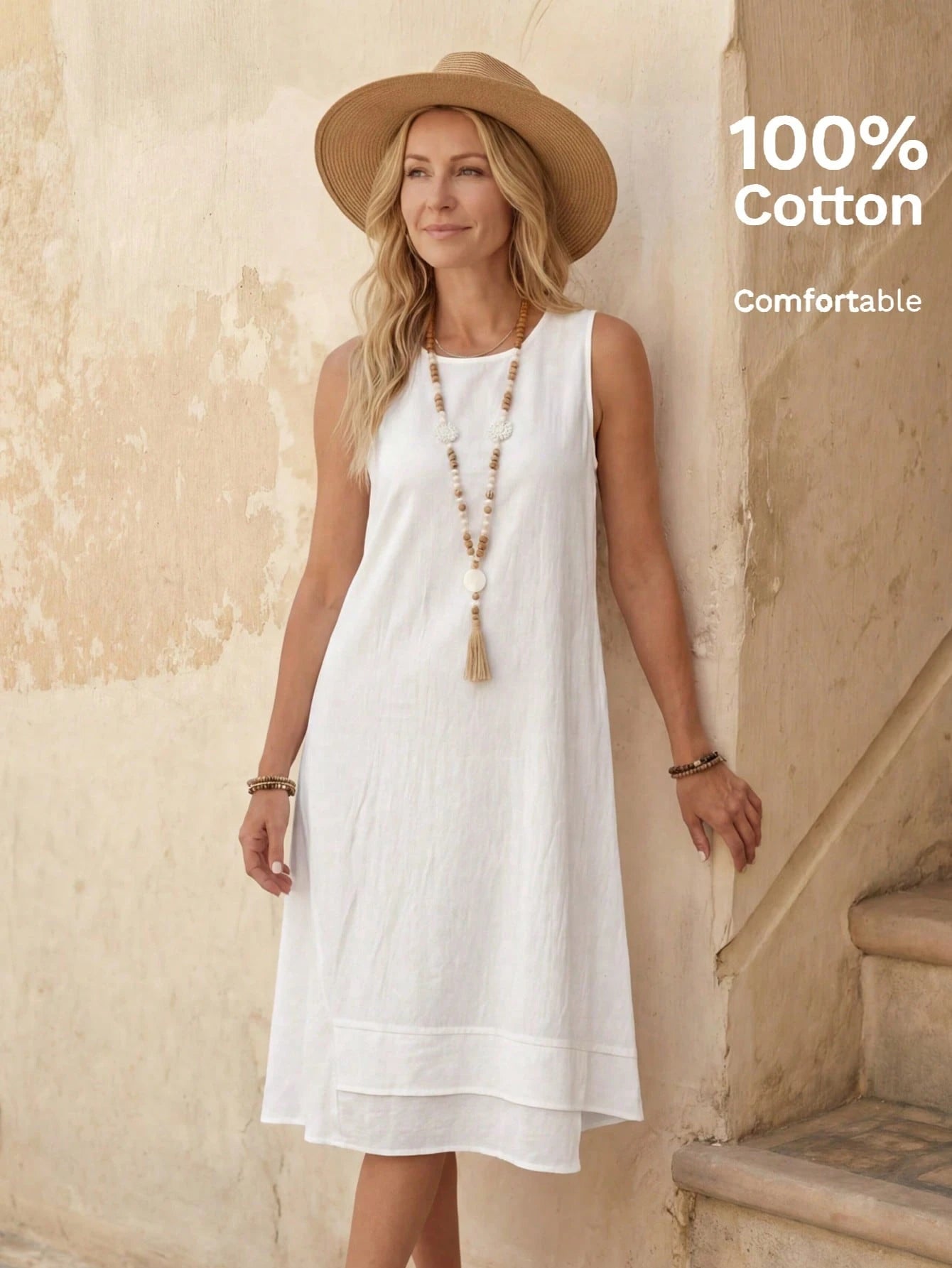 EMERY ROSE Casual Solid Color Round Neck A-Line Summer Dress, Women Summer Dress