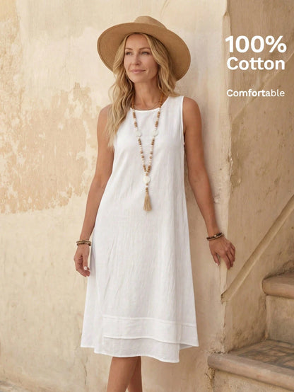 EMERY ROSE Casual Solid Color Round Neck A-Line Summer Dress, Women Summer Dress