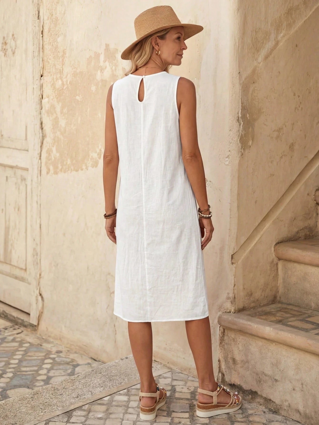 EMERY ROSE Casual Solid Color Round Neck A-Line Summer Dress, Women Summer Dress