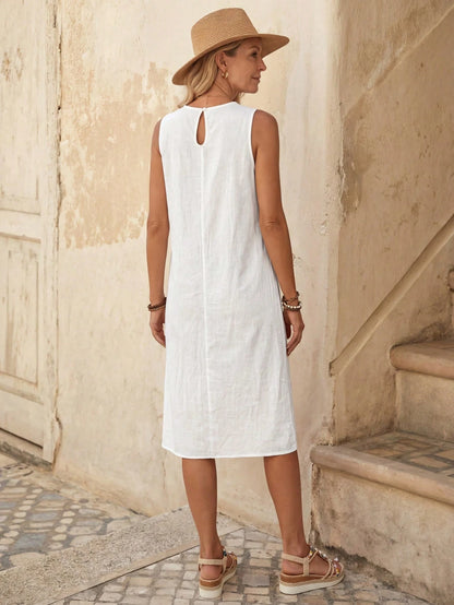 EMERY ROSE Casual Solid Color Round Neck A-Line Summer Dress, Women Summer Dress