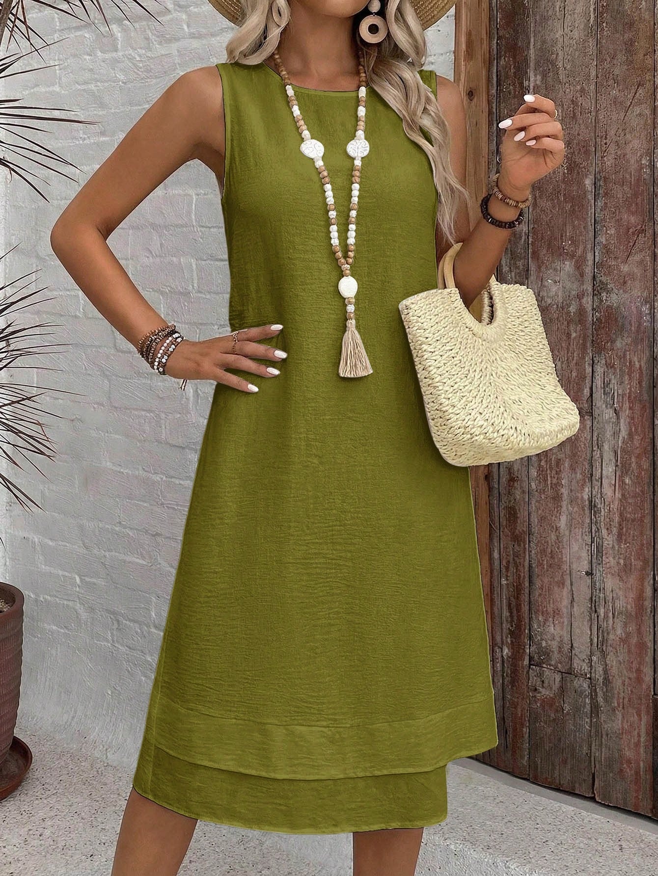 EMERY ROSE Casual Solid Color Round Neck A-Line Summer Dress, Women's Summer Dress