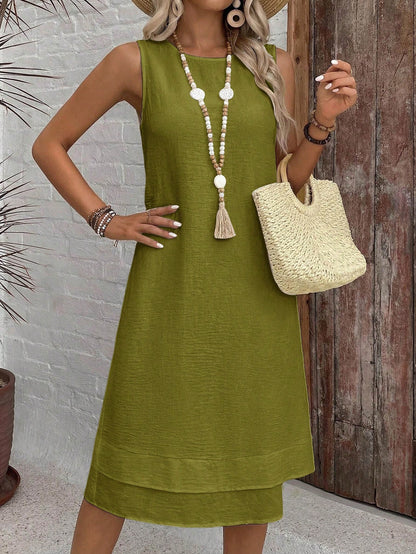 EMERY ROSE Casual Solid Color Round Neck A-Line Summer Dress, Women's Summer Dress
