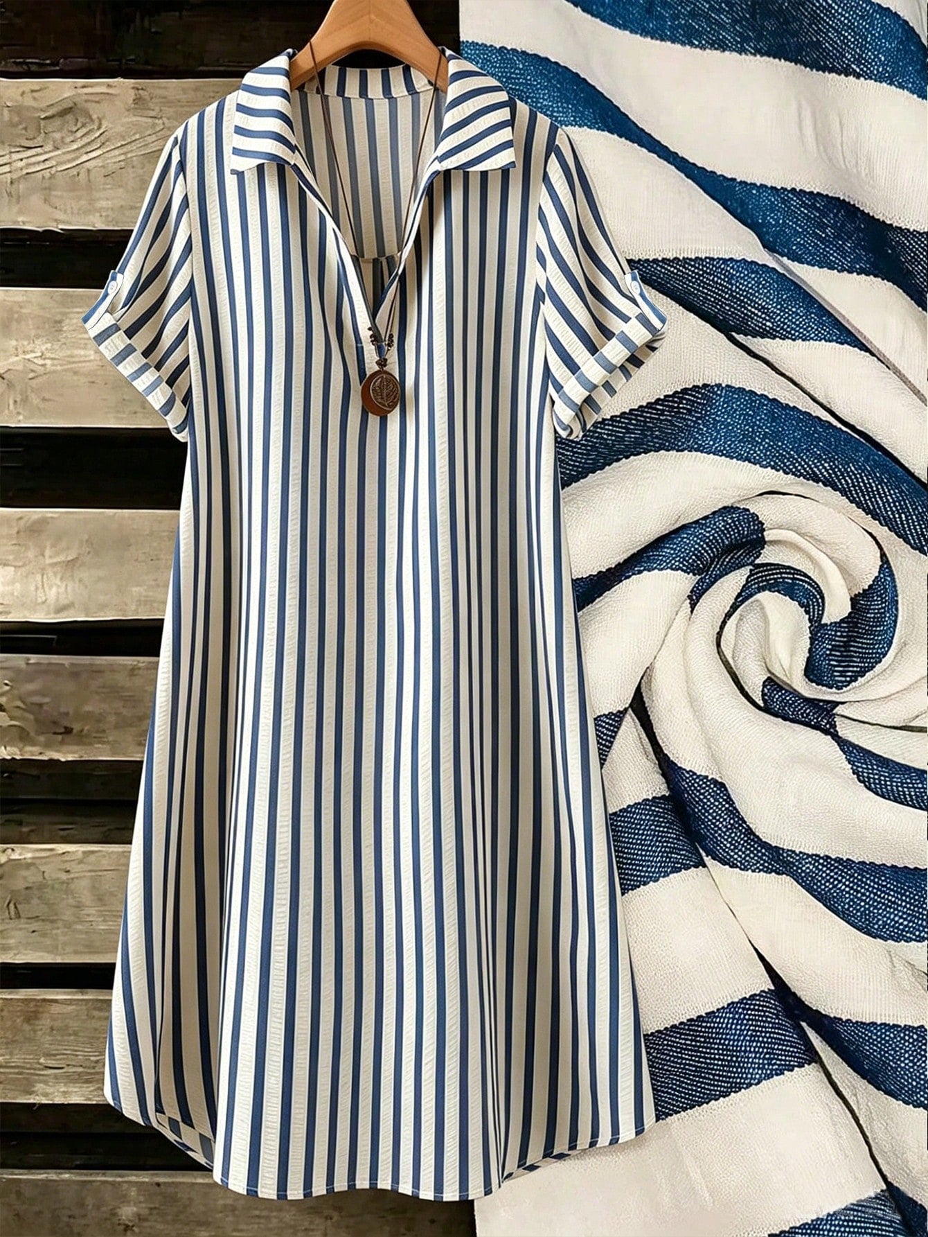 EMERY ROSE New V-Neck Striped Loose Casual Long Button Dress For Women