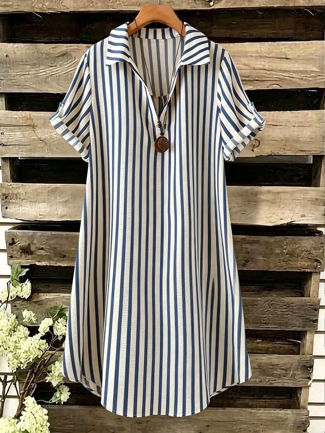 EMERY ROSE New V-Neck Striped Loose Casual Long Button Dress For Women