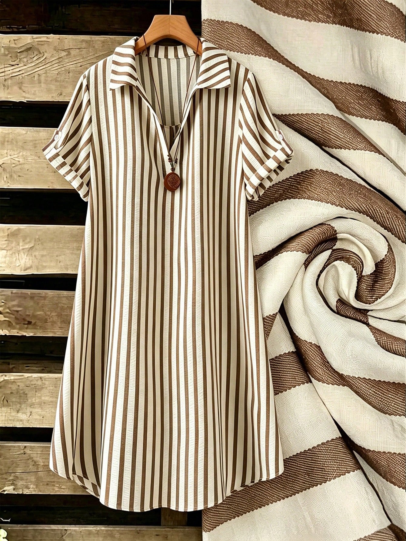 EMERY ROSE New V-Neck Striped Loose Casual Long Button Dress For Women