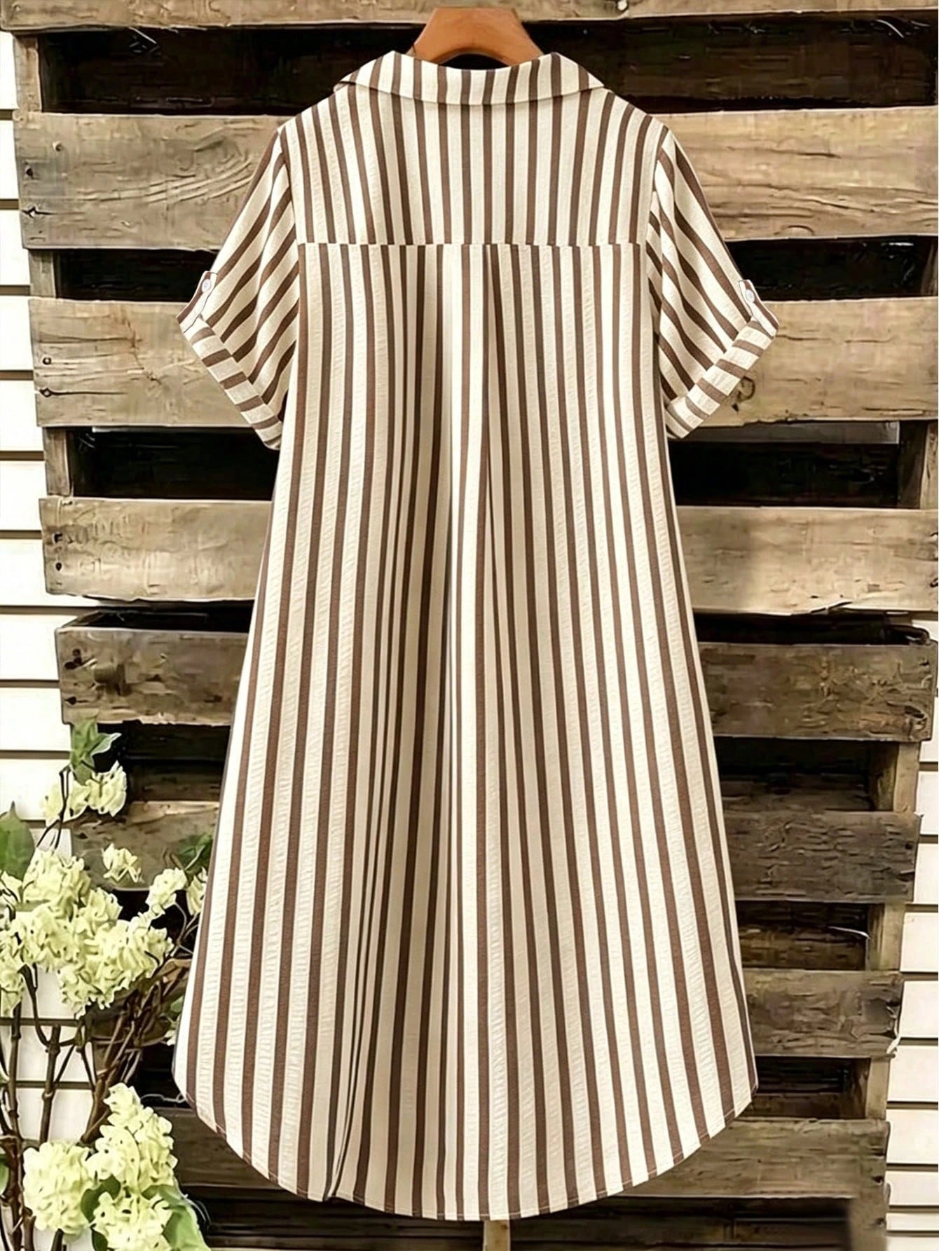 EMERY ROSE New V-Neck Striped Loose Casual Long Button Dress For Women