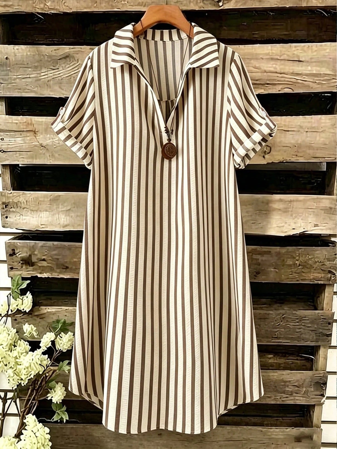 EMERY ROSE New V-Neck Striped Loose Casual Long Button Dress For Women