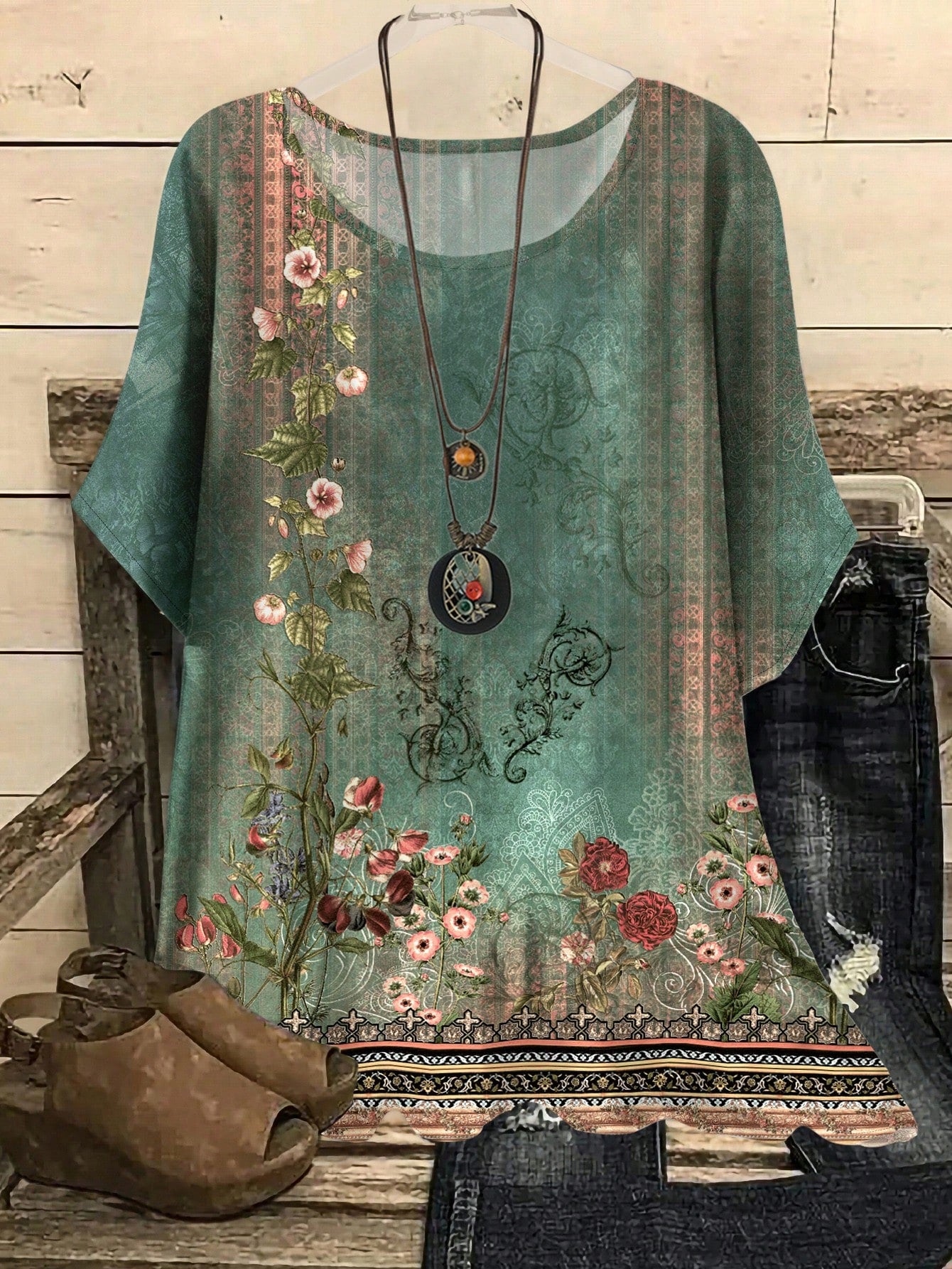 EMERY ROSE Plus Size Casual Floral Print Loose Fitting Round Neck Short Sleeve Shirt, Suitable For Summer Chic Blouses For Women