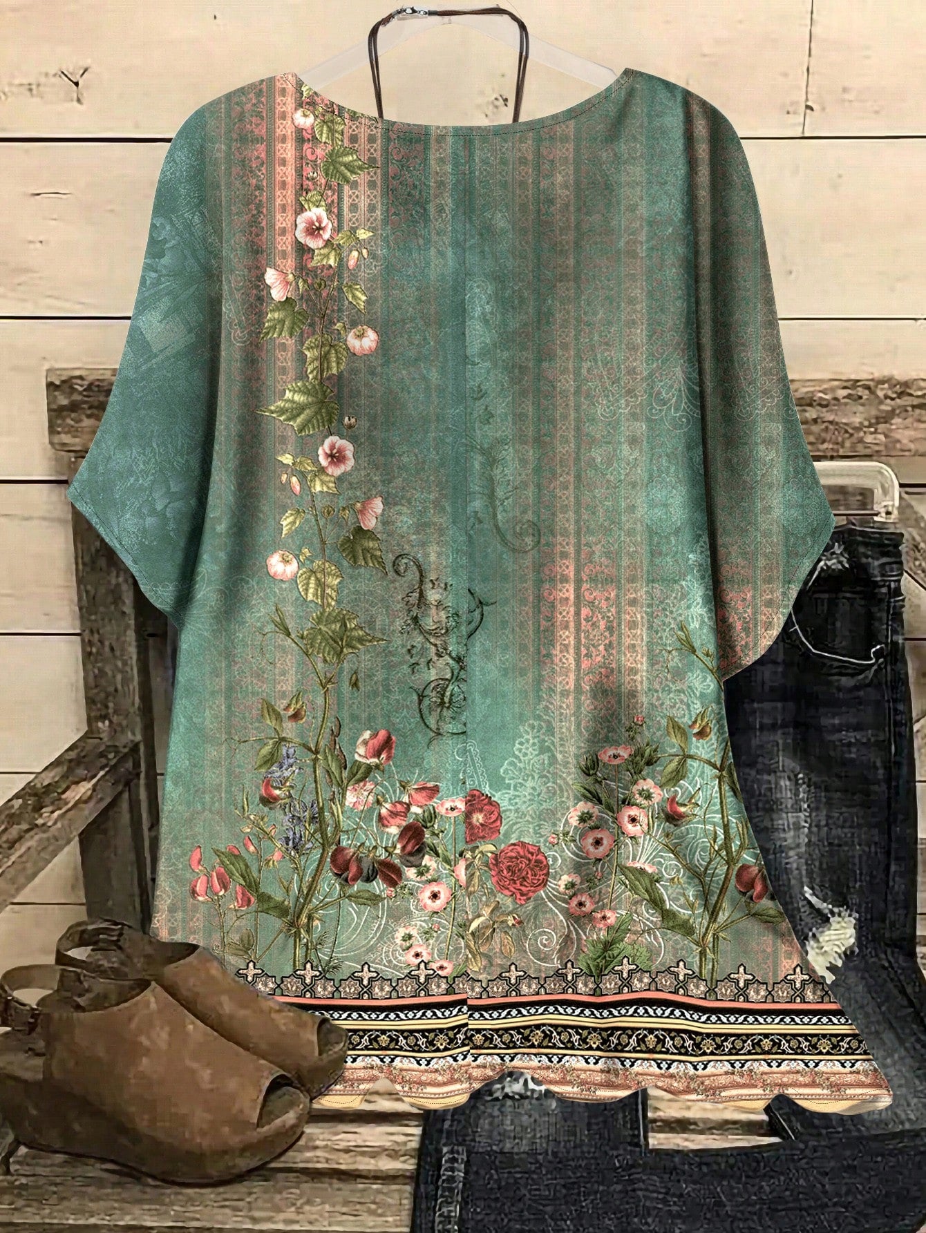 EMERY ROSE Plus Size Casual Floral Print Loose Fitting Round Neck Short Sleeve Shirt, Suitable For Summer Chic Blouses For Women