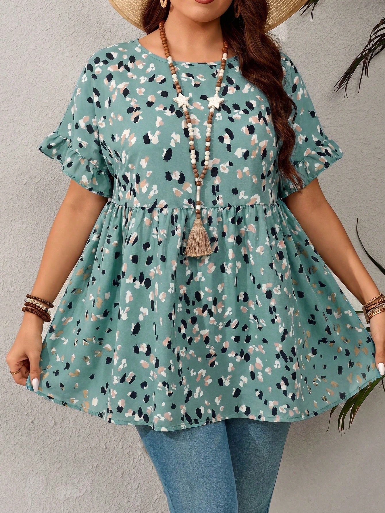 EMERY ROSE Plus Size Casual Resort Style Ruffled Sleeve Allover Print Shirt,Summer Outfits For Women/Summer,Tropical Vacation Woman Clothes