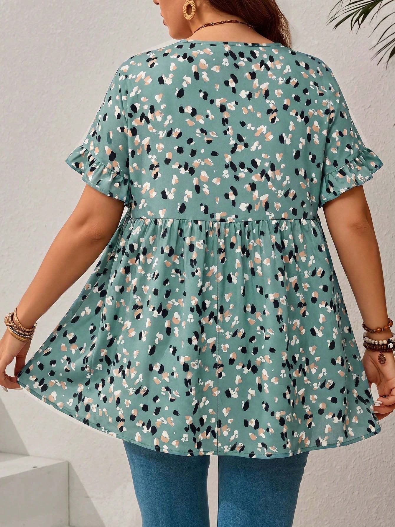 EMERY ROSE Plus Size Casual Resort Style Ruffled Sleeve Allover Print Shirt,Summer Outfits For Women/Summer,Tropical Vacation Woman Clothes