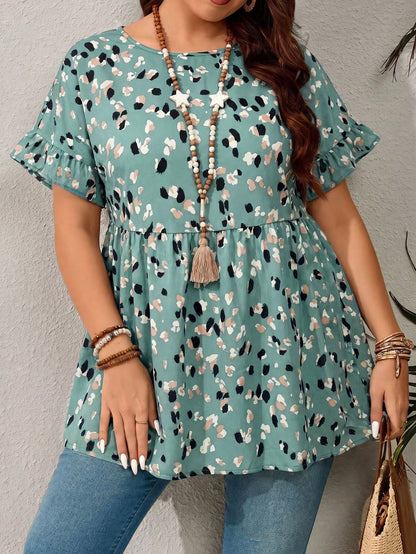 EMERY ROSE Plus Size Casual Resort Style Ruffled Sleeve Allover Print Shirt,Summer Outfits For Women/Summer,Tropical Vacation Woman Clothes