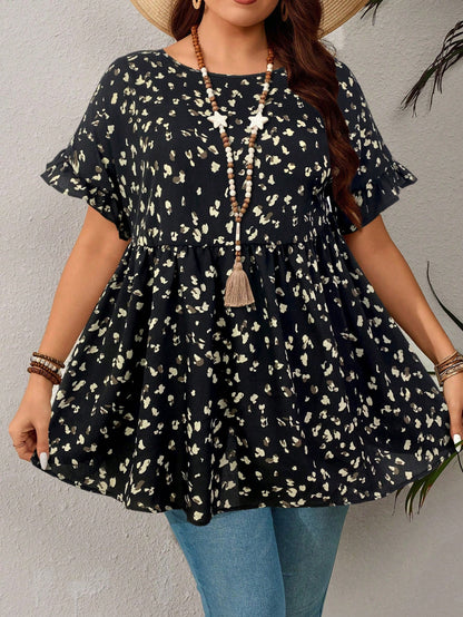 EMERY ROSE Plus Size Casual Resort Style Ruffled Sleeve Allover Print Shirt,Summer Outfits For Women/Summer,Tropical Vacation Woman Clothes