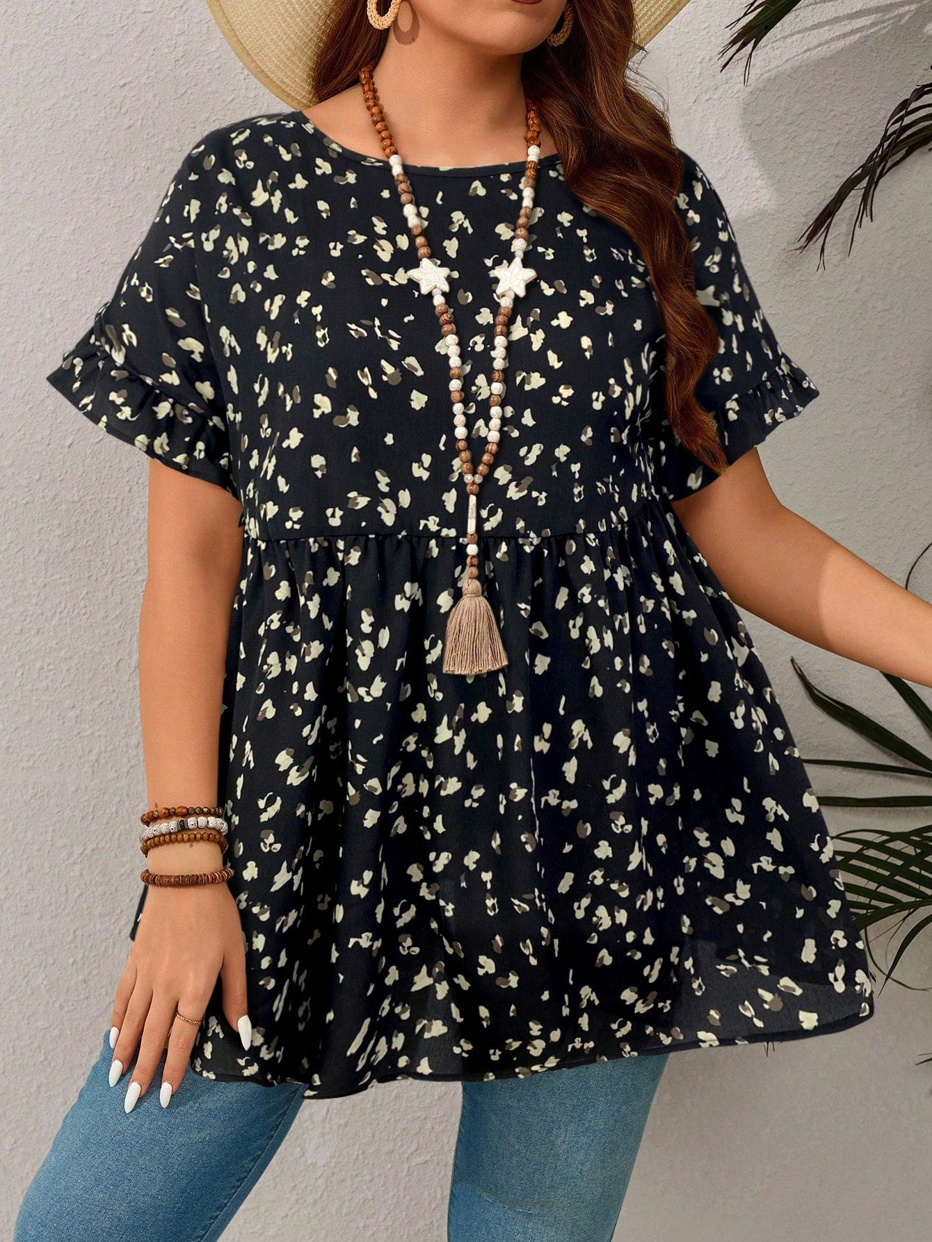 EMERY ROSE Plus Size Casual Resort Style Ruffled Sleeve Allover Print Shirt,Summer Outfits For Women/Summer,Tropical Vacation Woman Clothes