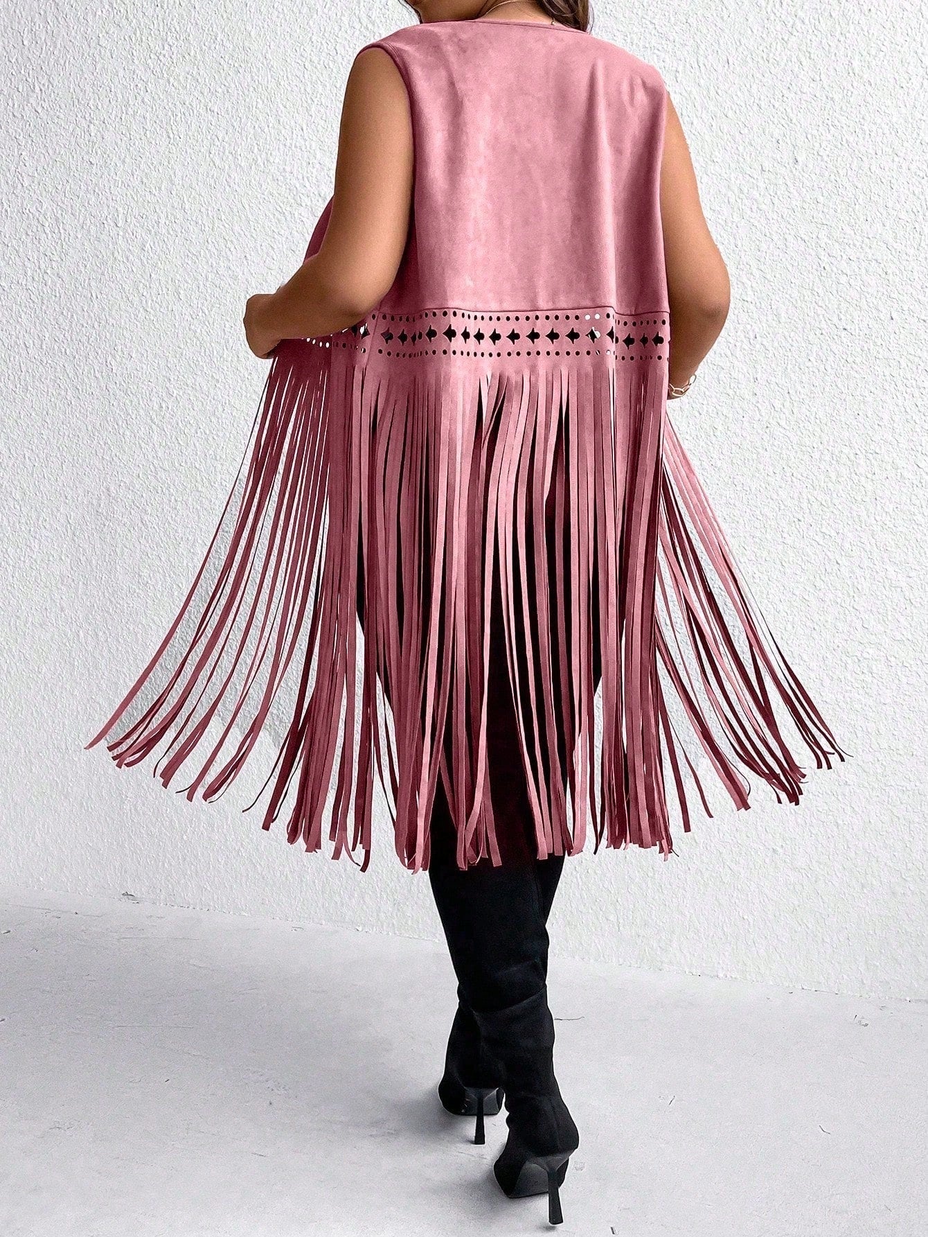 EMERY ROSE Plus Size Sleeveless Fringe Hem Casual Vacation Retro Jacket Winter Fall Autumn