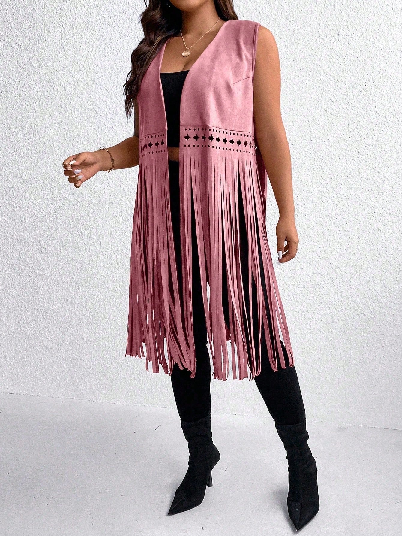 EMERY ROSE Plus Size Sleeveless Fringe Hem Casual Vacation Retro Jacket Winter Fall Autumn