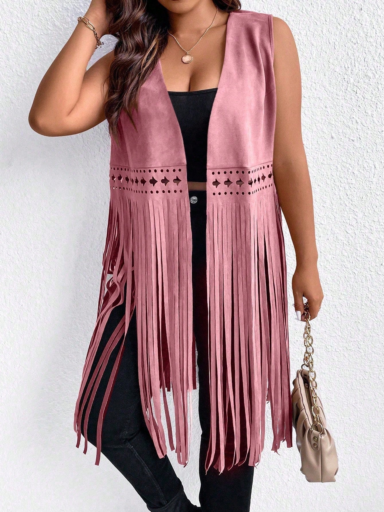 EMERY ROSE Plus Size Sleeveless Fringe Hem Casual Vacation Retro Jacket Winter Fall Autumn