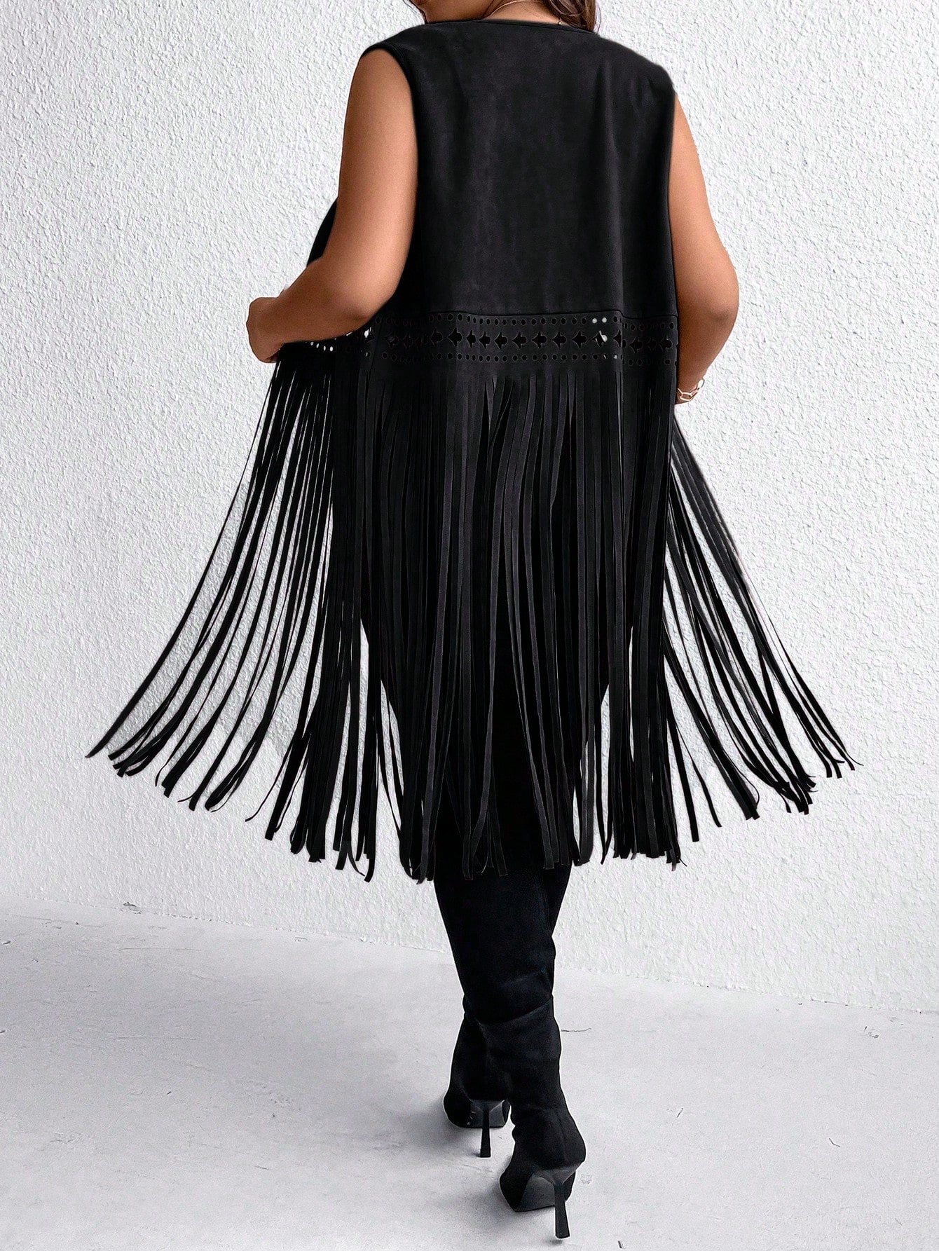 EMERY ROSE Plus Size Sleeveless Fringe Hem Casual Vacation Retro Jacket Winter Fall Autumn