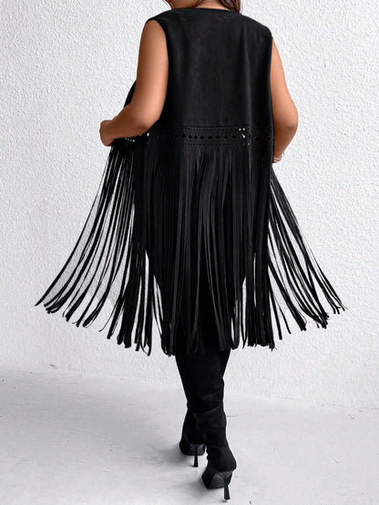EMERY ROSE Plus Size Sleeveless Fringe Hem Casual Vacation Retro Jacket Winter Fall Autumn