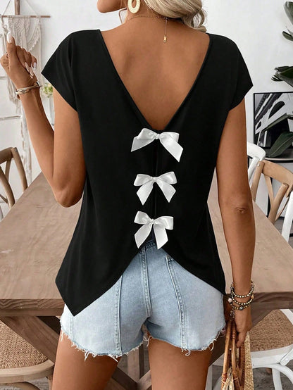 EMERY ROSE Plus Size Solid Black Double V Neck Cap Sleeve Back 3 Bows Decor Split Curved Hem Loose Lightweight Tee Women Summer Daily Going Out Cute Casual Tops