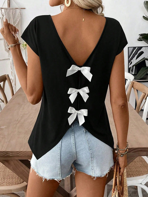 EMERY ROSE Plus Size Solid Black Double V Neck Cap Sleeve Back 3 Bows Decor Split Curved Hem Loose Lightweight Tee Women Summer Daily Going Out Cute Casual Tops
