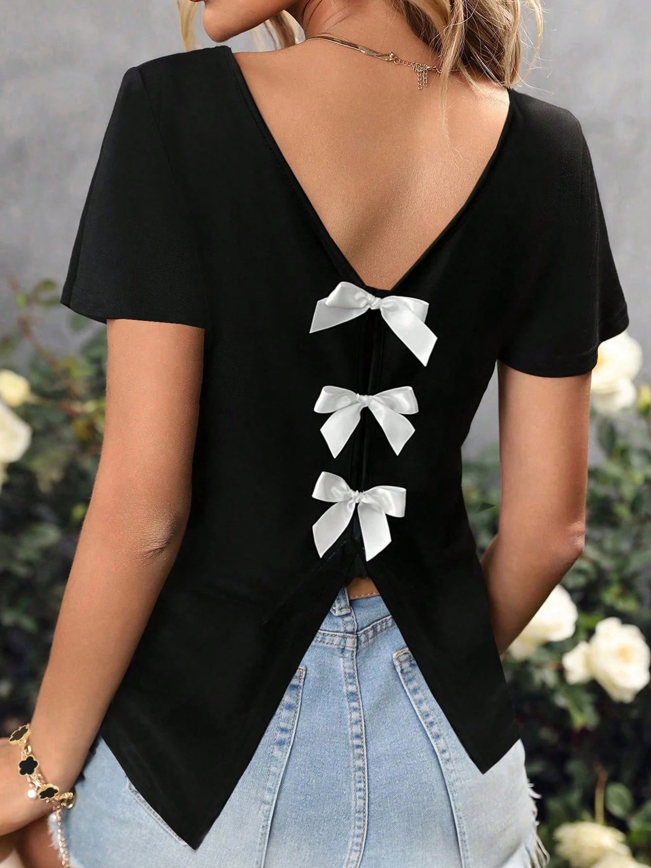 EMERY ROSE Plus Size Solid Black Double V Neck Cap Sleeve Back 3 Bows Decor Split Curved Hem Loose Lightweight Tee Women Summer Daily Going Out Cute Casual Tops