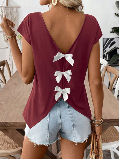EMERY ROSE Plus Size Solid Black Double V Neck Cap Sleeve Back 3 Bows Decor Split Curved Hem Loose Lightweight Tee Women Summer Daily Going Out Cute Casual Tops