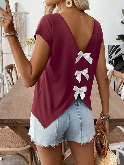 EMERY ROSE Plus Size Solid Black Double V Neck Cap Sleeve Back 3 Bows Decor Split Curved Hem Loose Lightweight Tee Women Summer Daily Going Out Cute Casual Tops