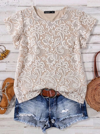 EMERY ROSE Plus Size Summer Casual Faux Lace Print Shirt
