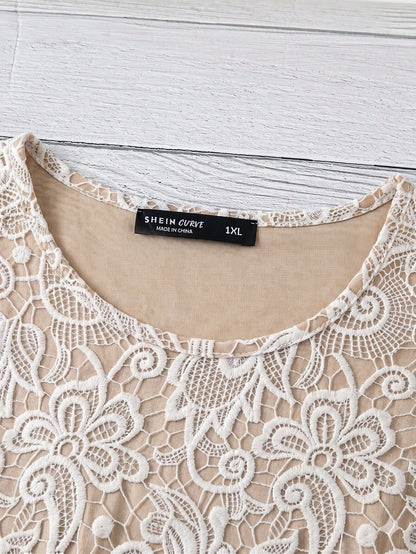 EMERY ROSE Plus Size Summer Casual Faux Lace Print Shirt