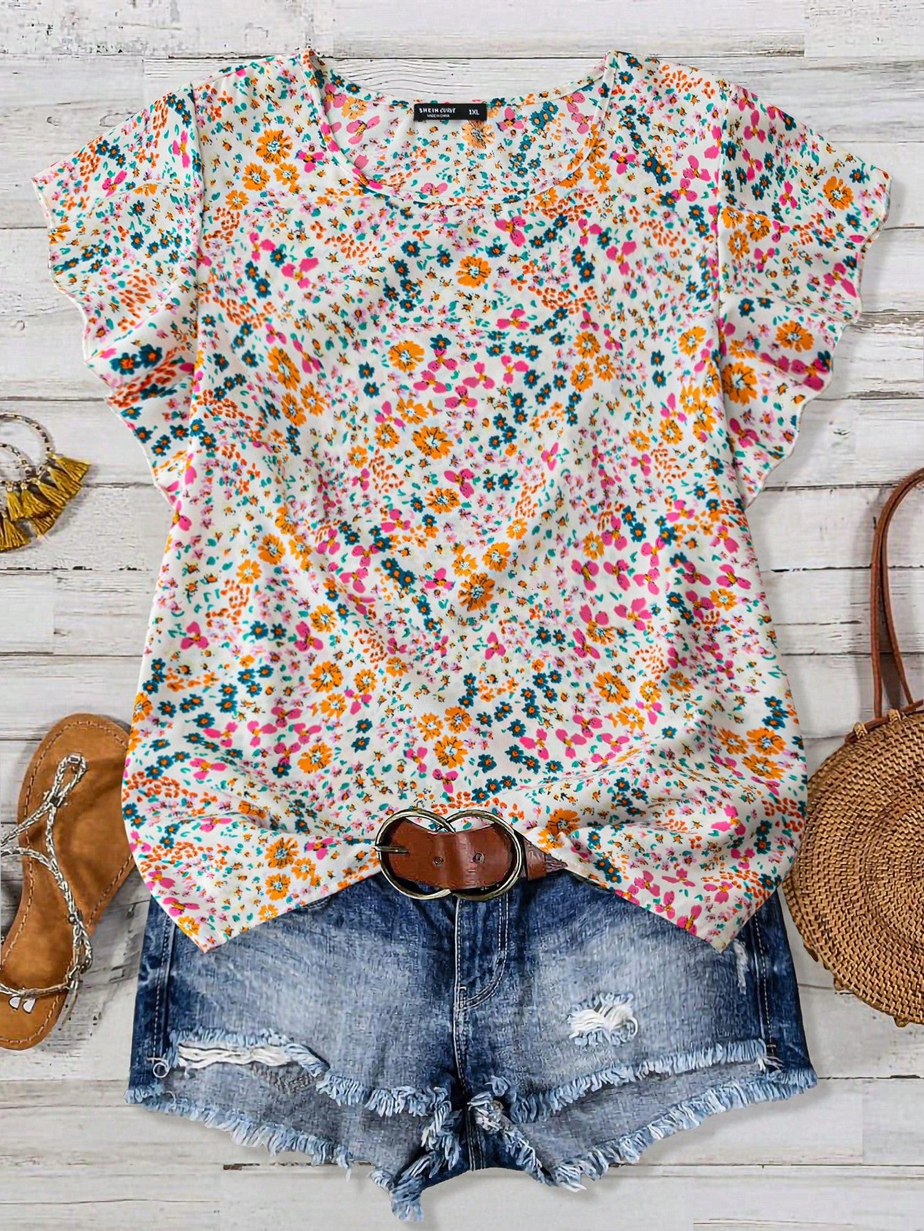 EMERY ROSE Plus Size Summer Casual Faux Lace Print Shirt