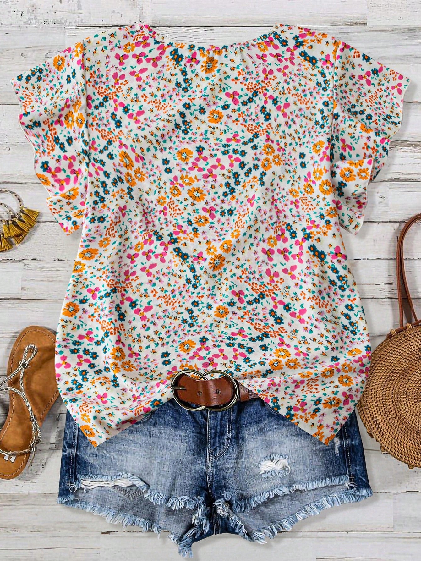 EMERY ROSE Plus Size Summer Casual Faux Lace Print Shirt