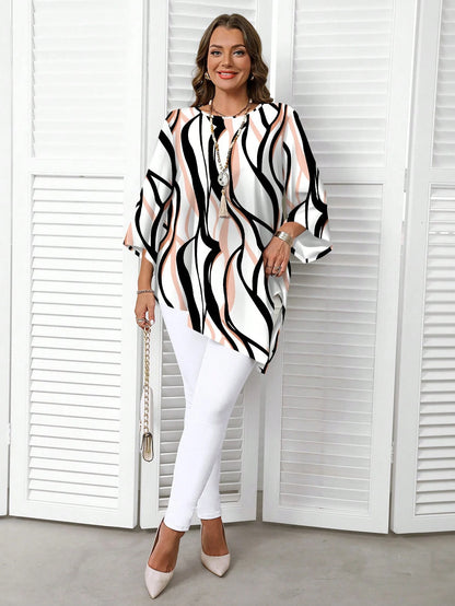 EMERY ROSE Plus Size White Elegant Minimalist All-Over Print Shirt,Classy Workwear Tunic Top,Autumn Blouses For Women,Business Casual Holiday Boho Western Style