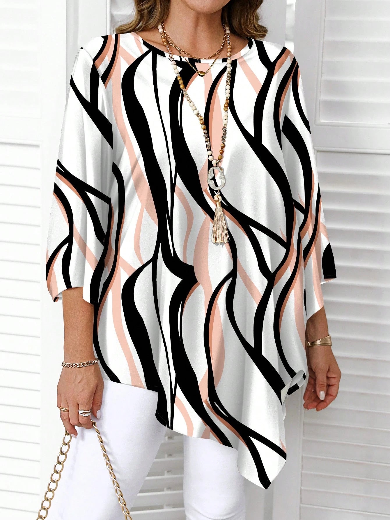 EMERY ROSE Plus Size White Elegant Minimalist All-Over Print Shirt,Classy Workwear Tunic Top,Autumn Blouses For Women,Business Casual Holiday Boho Western Style