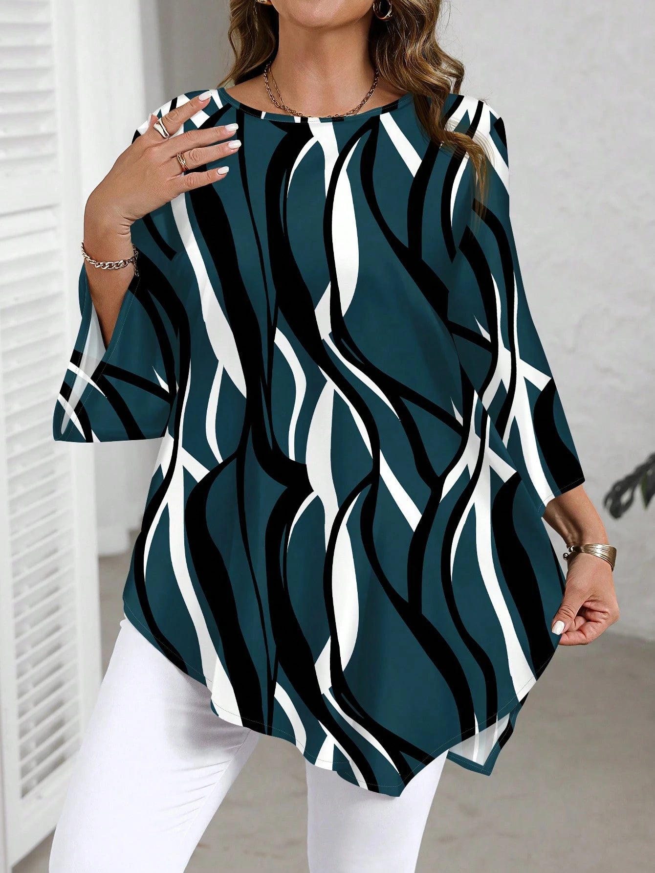 EMERY ROSE Plus Size White Elegant Minimalist All-Over Print Shirt,Classy Workwear Tunic Top,Autumn Blouses For Women,Business Casual Holiday Boho Western Style